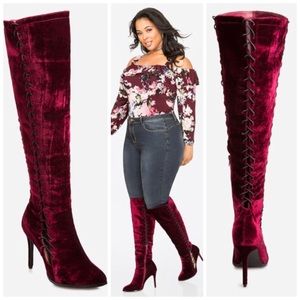 Ashley Stewart Plus Size Velvet Lace Up Boots Boot